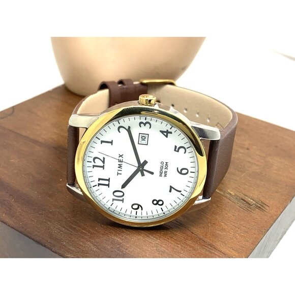 Timex Men's Watch TW2W52100 Quartz Indiglo White Dial Date Brown Leather 40mm - Picture 8 of 14
